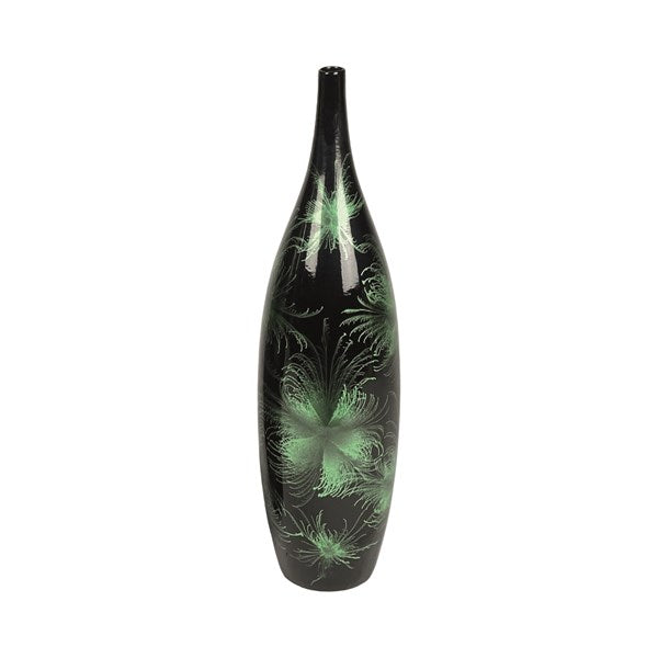 Green Firework tall narrow neck ceramic vase 51cm with black finish and patterned design