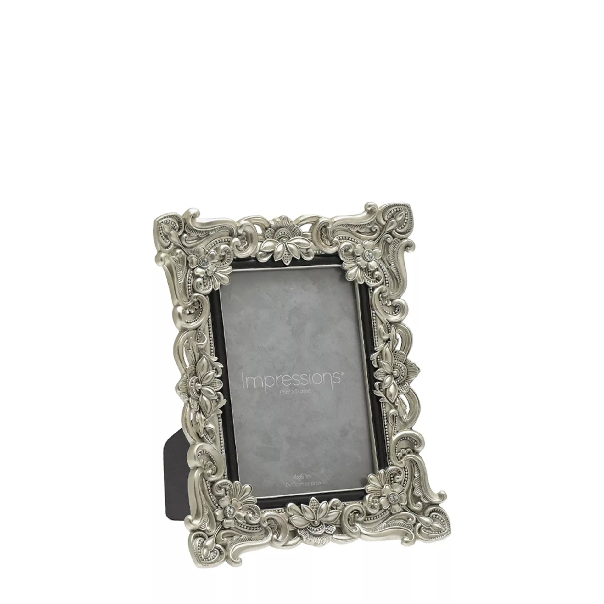 Decorative silver antique photo frame with 'Impressions' branding 4x6
