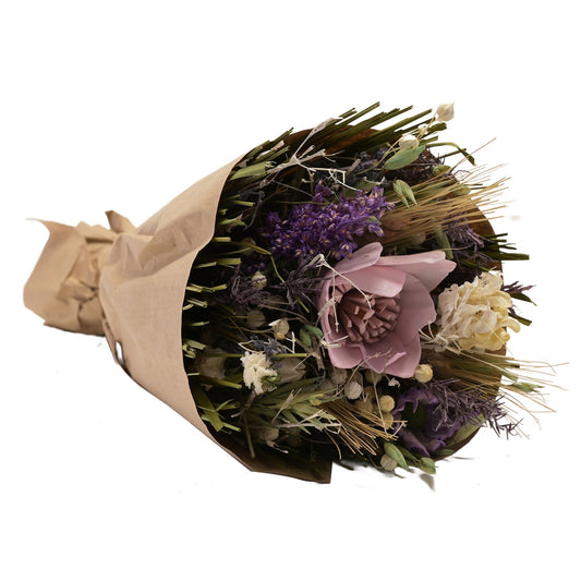 Bouquet of dried purple flowers wrapped in brown paper 25cm