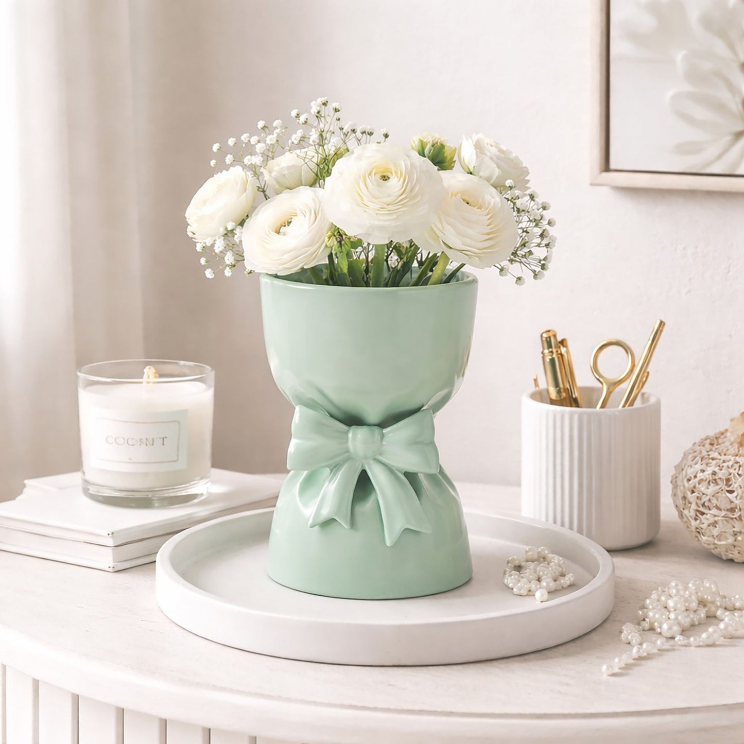 tea bow vase with scrunched in detail and oversized bow