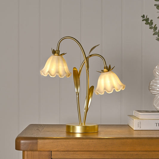 Decorative led table lamp with two glass floral shades with gold base