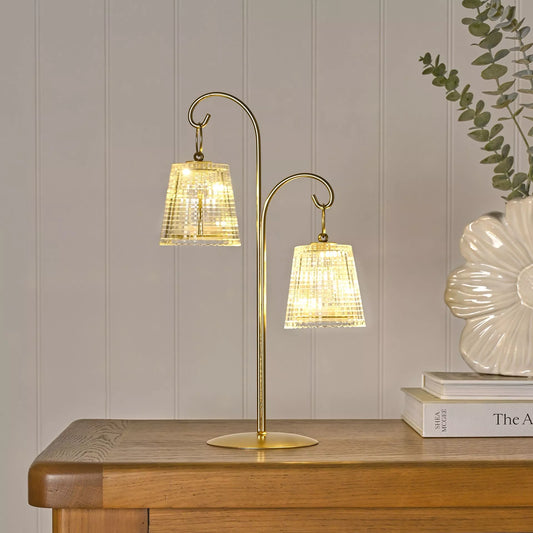 Two gold base shade led lamps with glass shades 