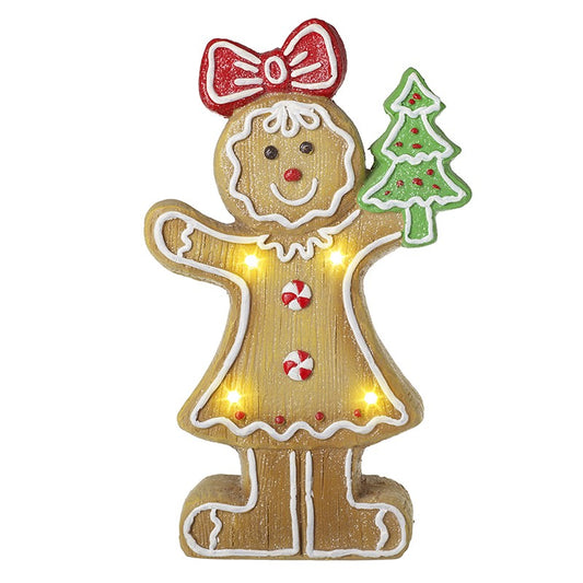 Decorative led light up gingerbread girl figure with a tree, lights, and a red bow 39cm