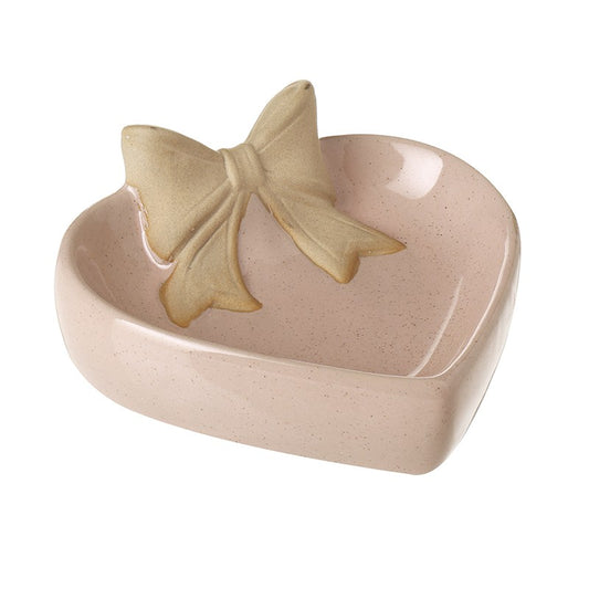 Heart-shaped ceramic dish with a bow design 