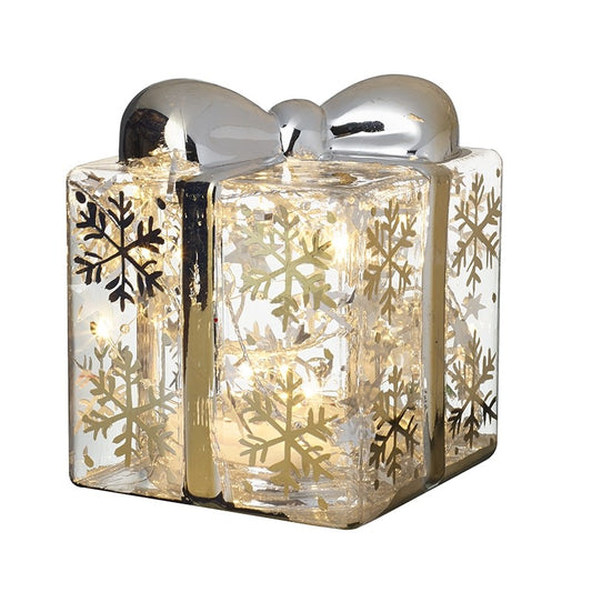 christmas present led with silver bow and snowflakes design glass