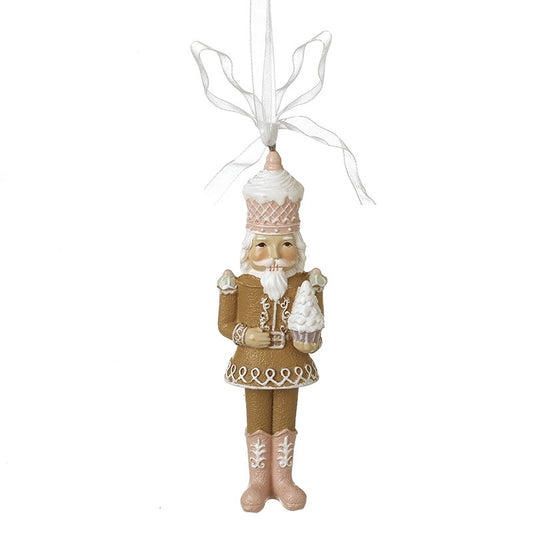 nutcracker christmas tree hanging decoration in gingerbread holding a white tree and pink hat