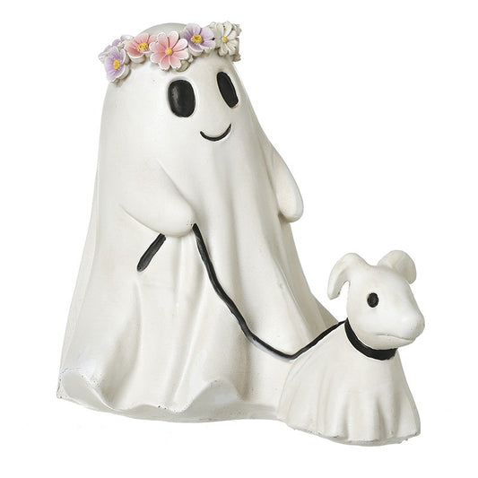 Decorative floral ghost figurine with a dog on a  black lead 