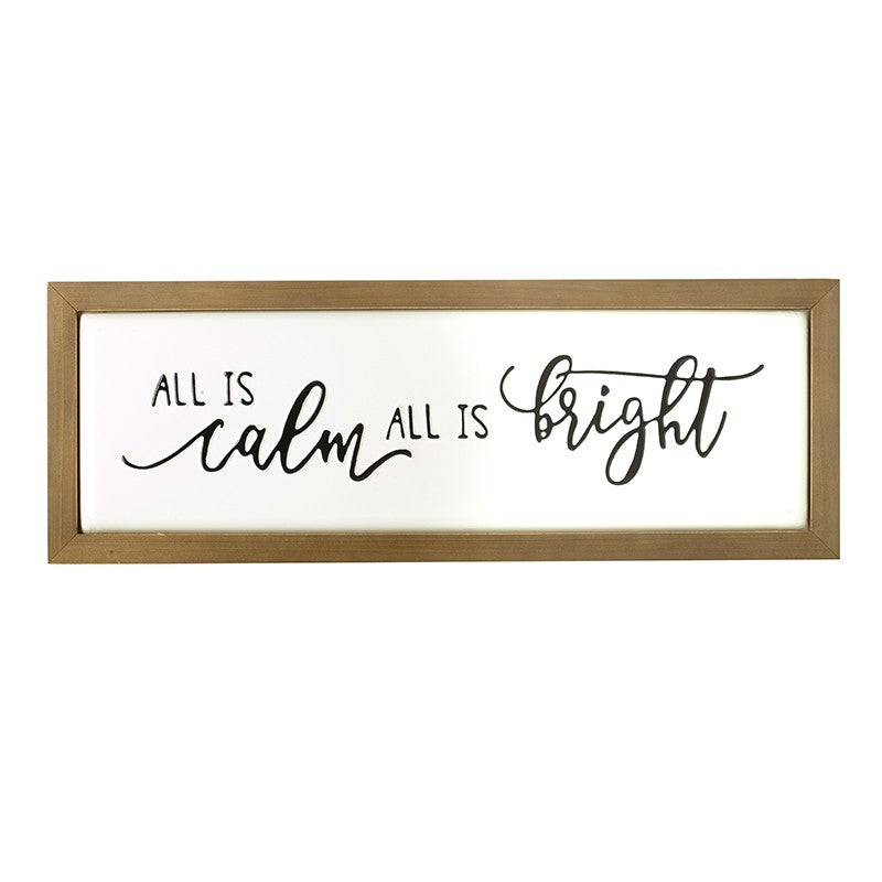 Decorative sign with 'All is Calm, All is Bright' text in a wooden frame on a white background