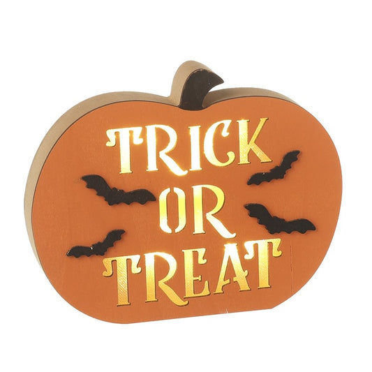 Halloween-themed pumpkin-shaped sign with 'TRICK OR TREAT' text and bats led light