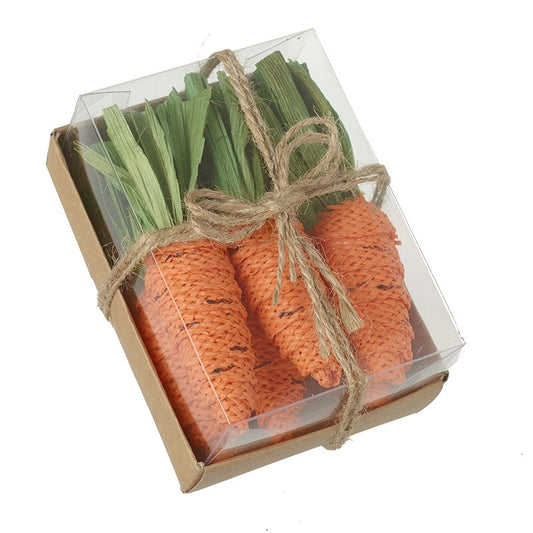 Carrot-shaped decorative pieces x6 in a clear box with a brown cardboard base 