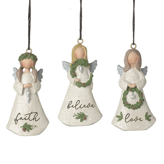 set 0f 3 tree angel decorations faith, believe & love 