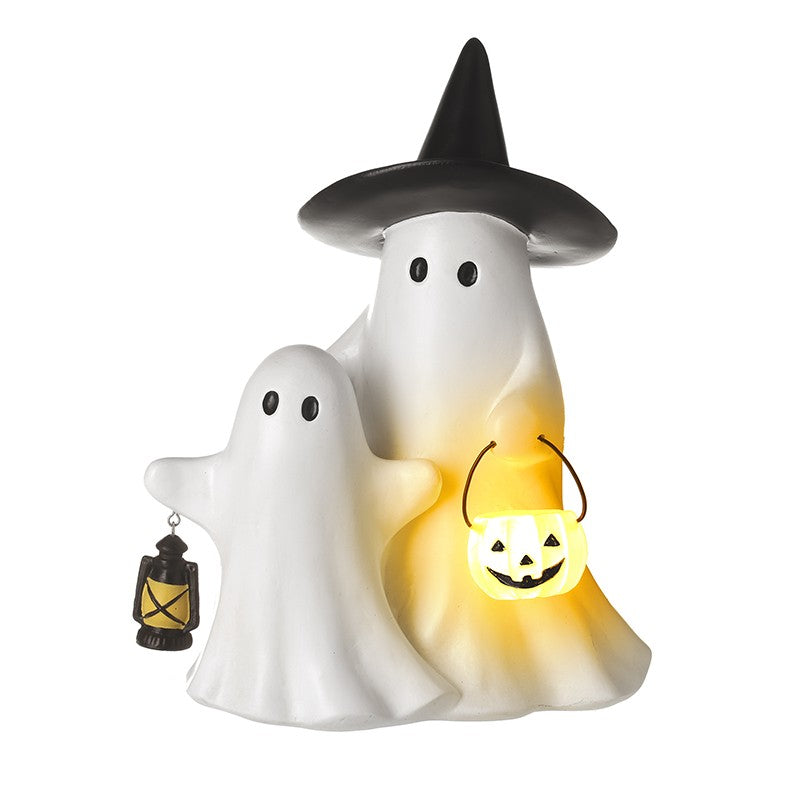 Resin ghosts holding a light up lantern Halloween LED decoration for spooky seasonal home décor