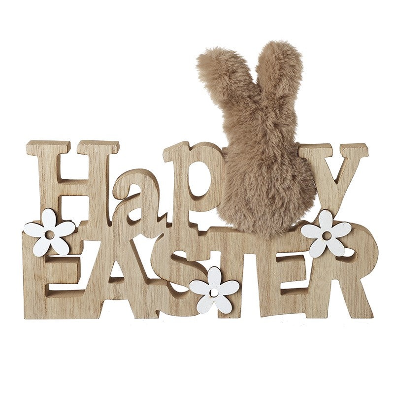 Decorative sign with 'Happy Easter' text and a fluffy bunny tail 