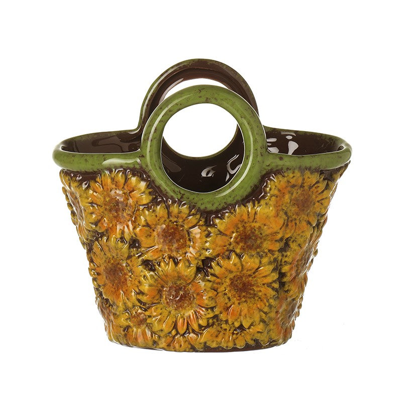 Ceramic basket with sunflower design and green handle planter 