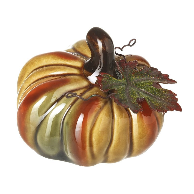 Small ceramic pumpkin with metal leaf autumn decoration