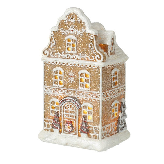 gingerbread house ornament with tress and light up detail