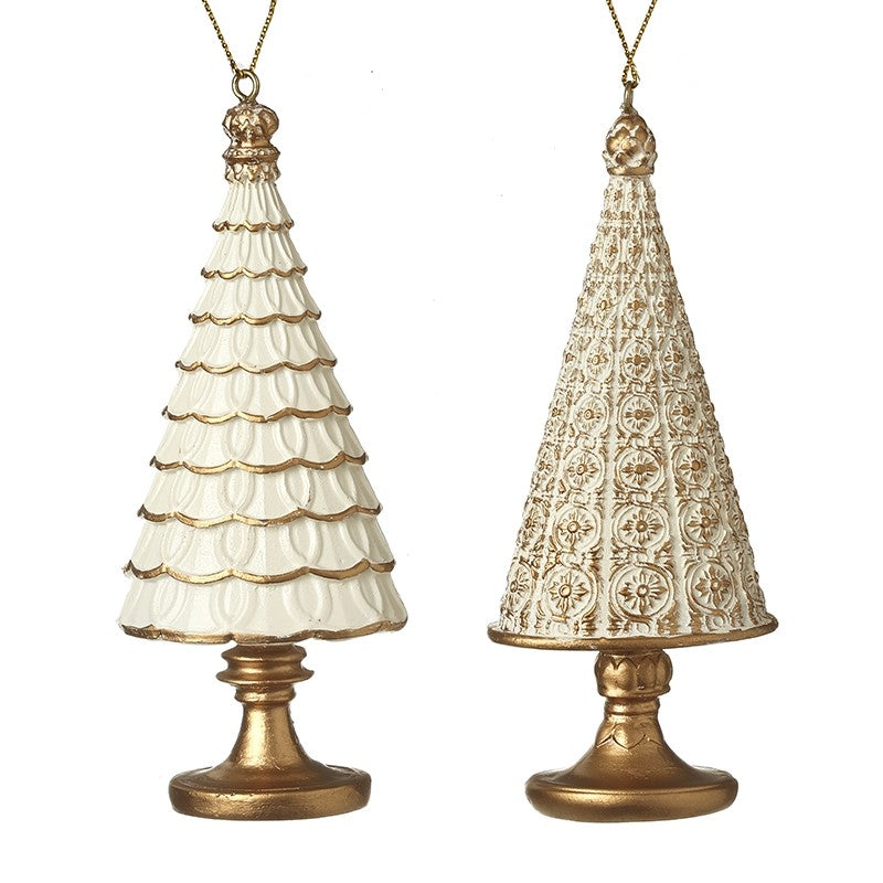 Two decorative Christmas tree ornaments with gold and white designs 