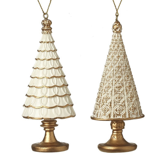 Two decorative Christmas tree ornaments with gold and white designs 