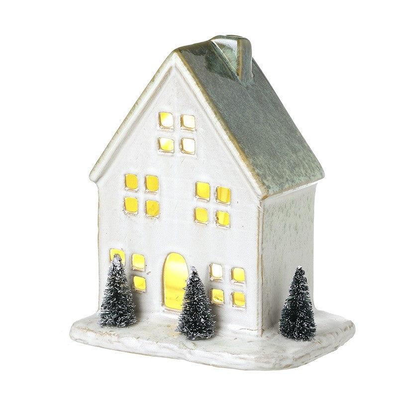 White House with led feature and 3 green christmas trees and green roof