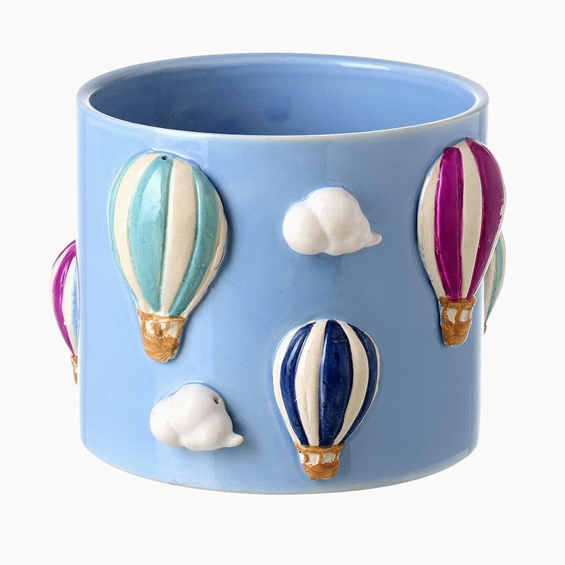 ceramic plant pot with 3d hot air balloons all over it and white clouds