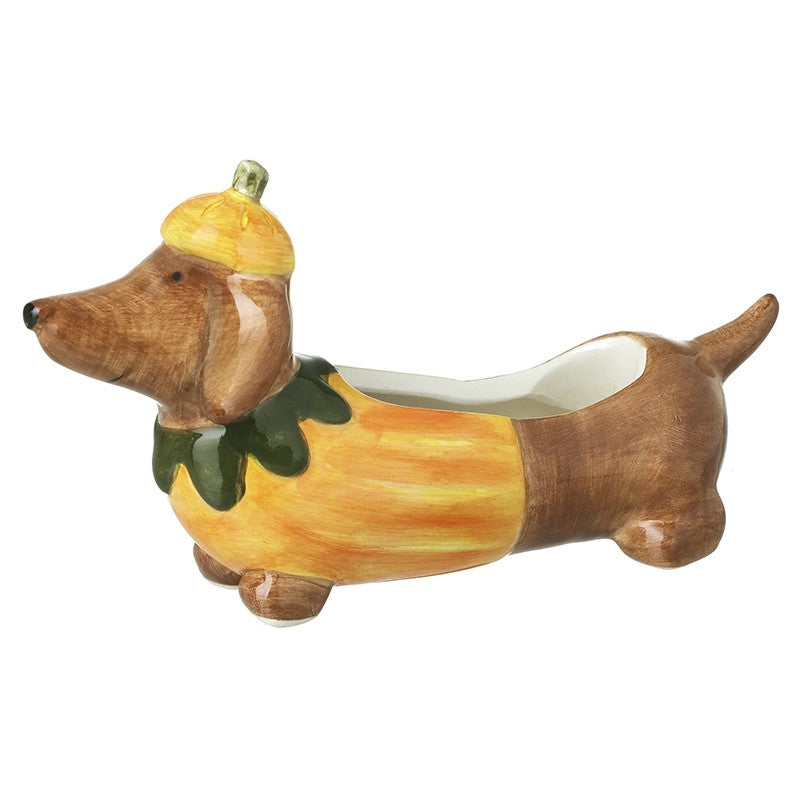 A ceramic dachshund-shaped planter or dish, decorated to look like a dachshund wearing a yellow acorn hat and a green leafy collar over an orange and yellow pumpkin body