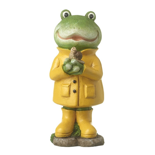 Frog figurine wearing a yellow raincoat holding a snail