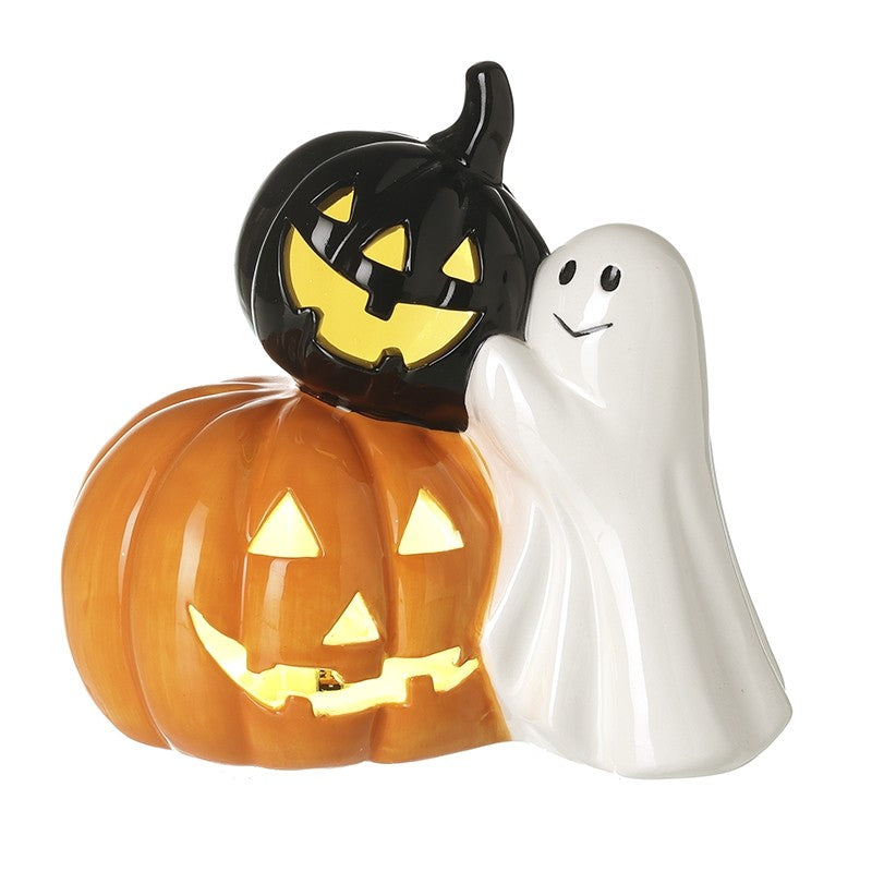 LED ghost Halloween decoration holding a black and orange pumpkin, ideal for spooky seasonal home décor and Halloween displays.