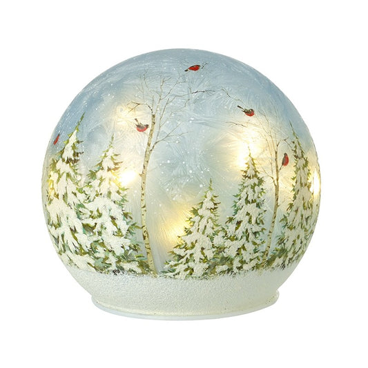 Decorative glass ball with winter scene robins and xmas trees and glowing led lights 