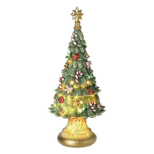light up led christmas tree with gold and green colours and bows and candy canes