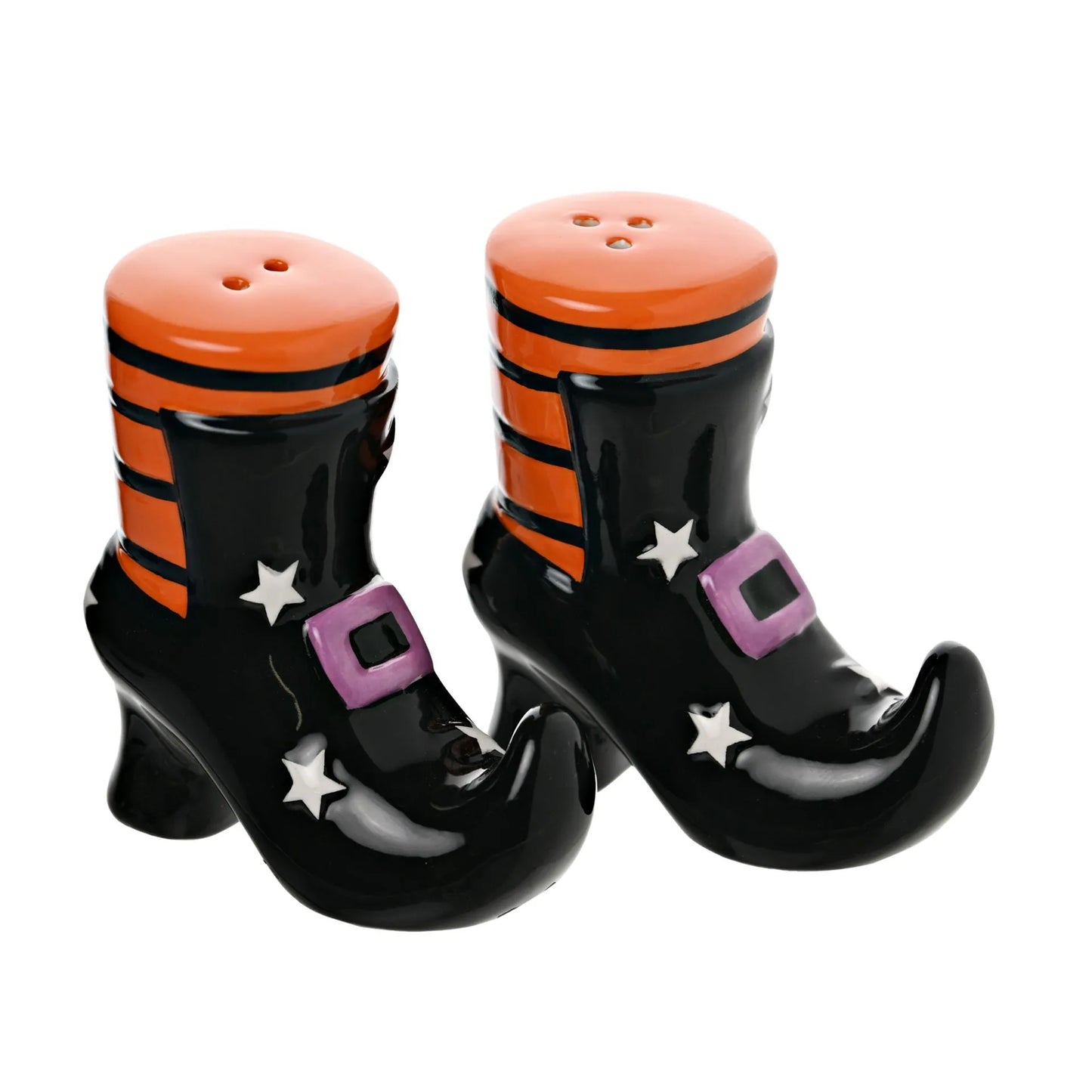 Witch boot salt and pepper shakers with orange tops and black boots 