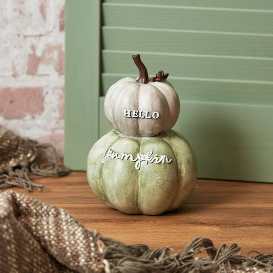 stacked pumpkin ornament with hello pumpkin wording in sage green and pale grey 