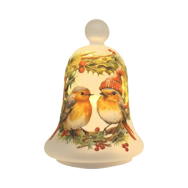 A led Christmas bell lamp featuring two robin birds perched on a holly wreath with red berries