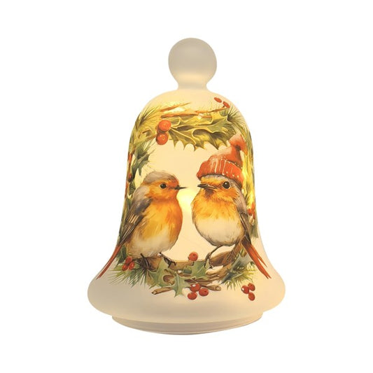 A led Christmas bell lamp featuring two robin birds perched on a holly wreath with red berries