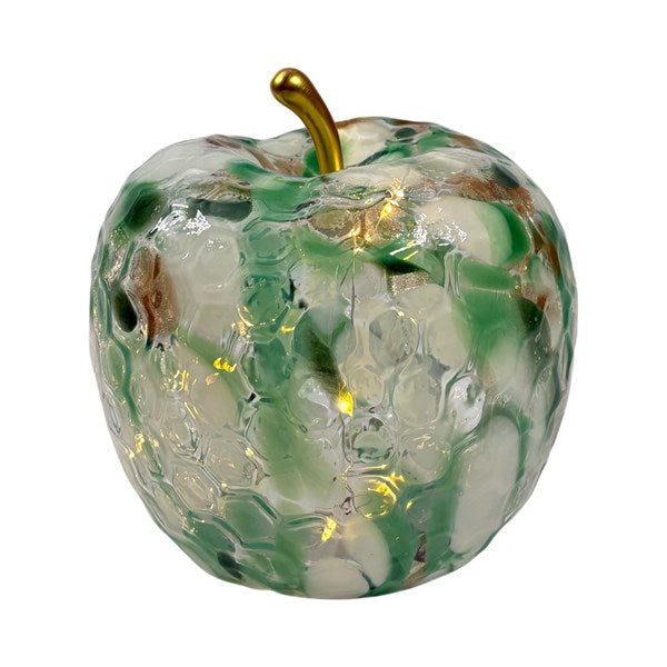 17cm LED green spotted textured glass apple ornament with warm white lights and gold stem for elegant home décor
