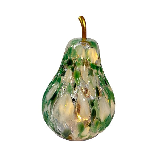 18cm LED green spotted textured glass pear ornament with warm white lights and gold stem for elegant home décor