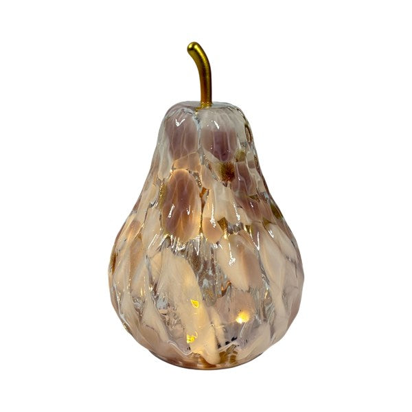 18cm LED pink spotted textured glass pear ornament with warm white lights and gold stem for elegant home décor