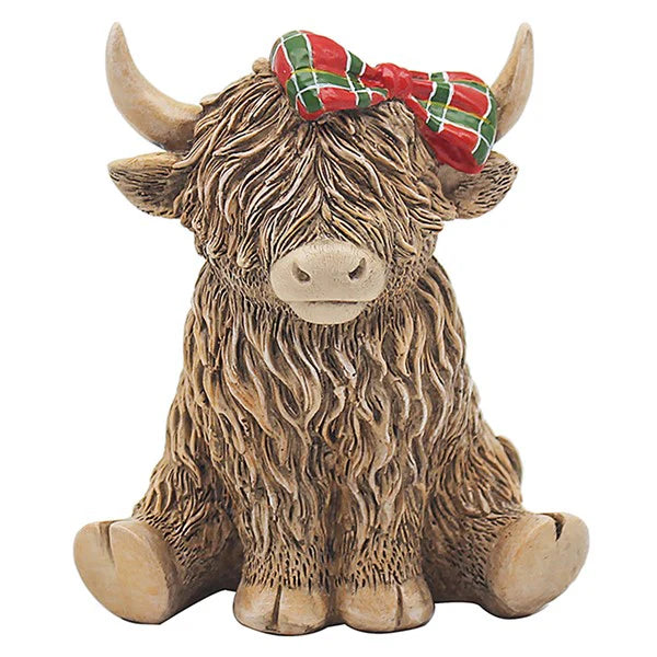 Highland Cow ornament wearing a tartan bow