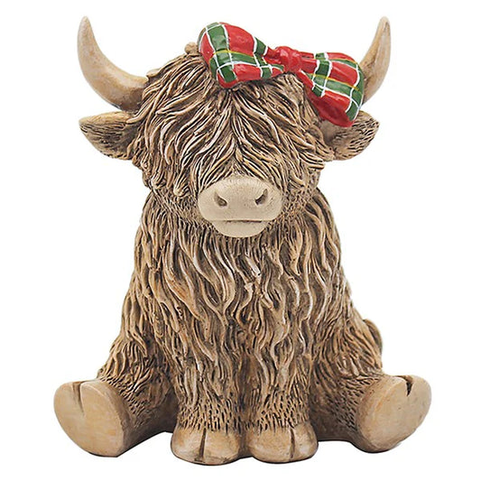 Highland Cow ornament wearing a tartan bow