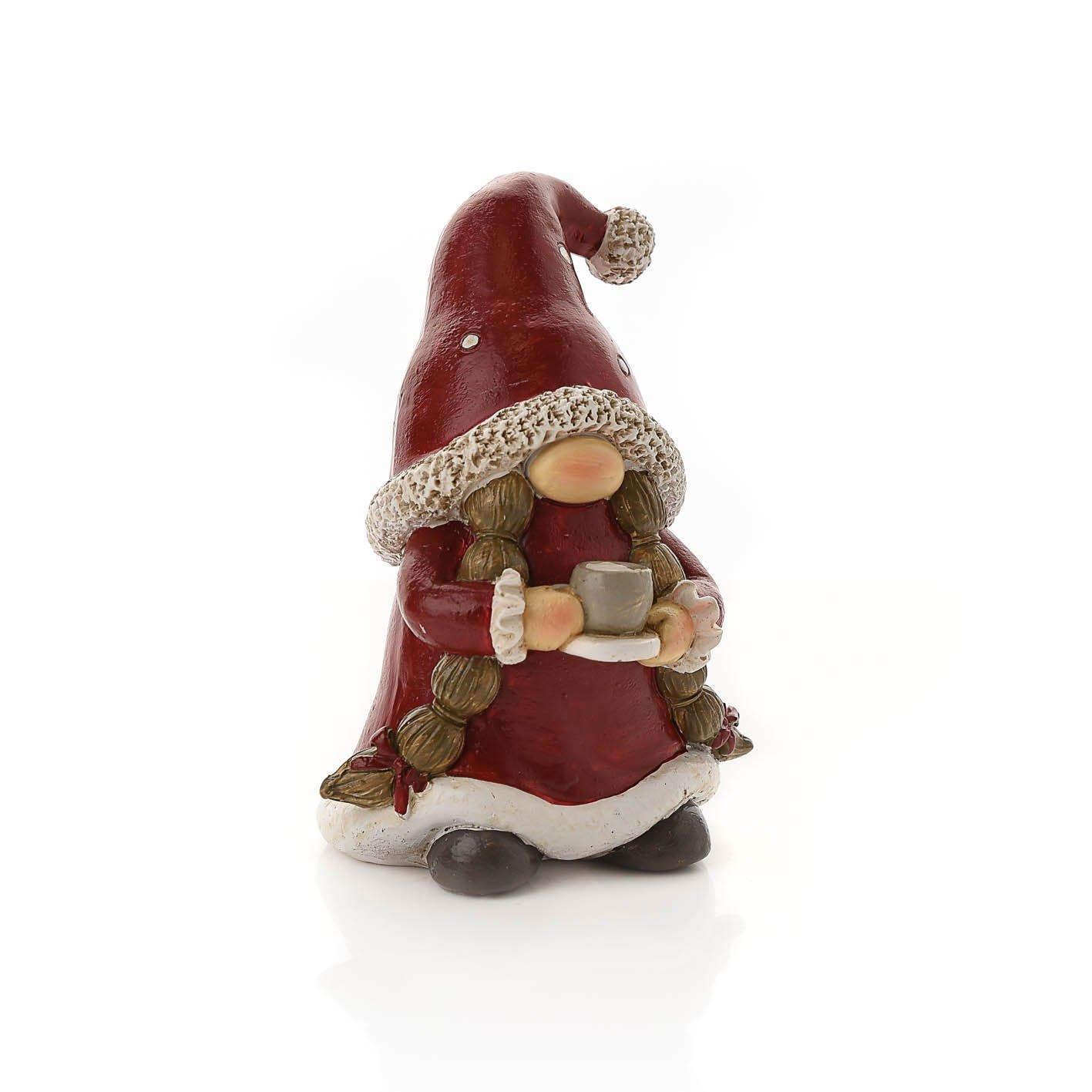 CHRISTMAS FEMALE GNOME WITH LONG PLATS HOLDING A MUG 