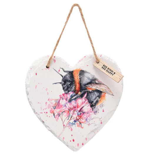 Heart-shaped hanging decor with a bee and floral design by meg Hawkins