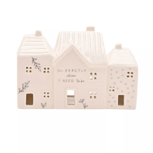 Decorative house-shaped ceramic tea light house with I'm exactly where I need to be wording and flower details 