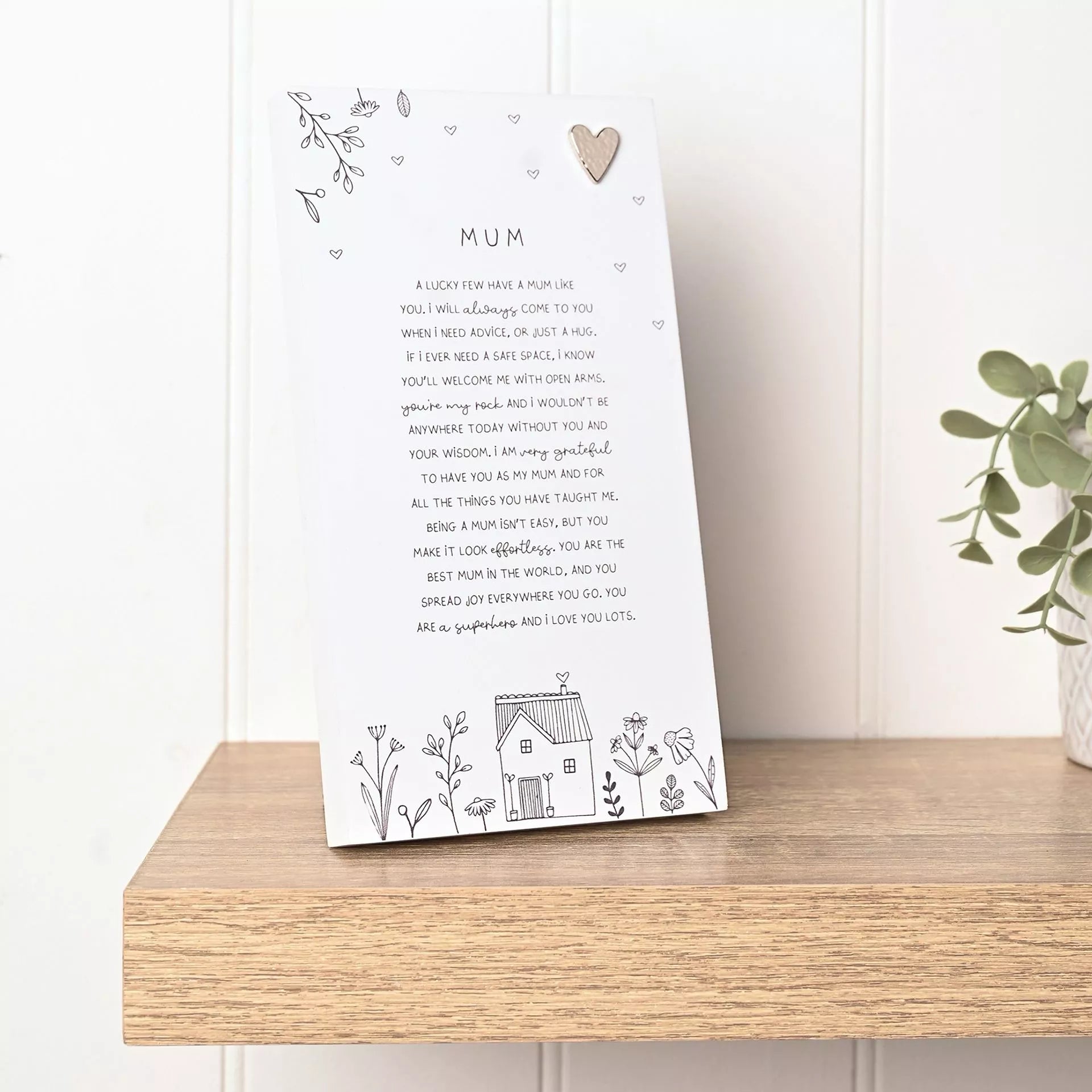 Decorative verse sign plaque with a poem for 'Mum' and silver heart