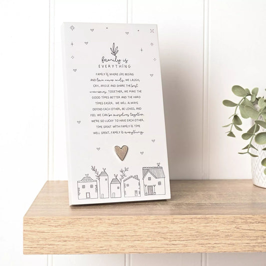 family is everything verse poem standing plaque with houses and hearts in a gift box