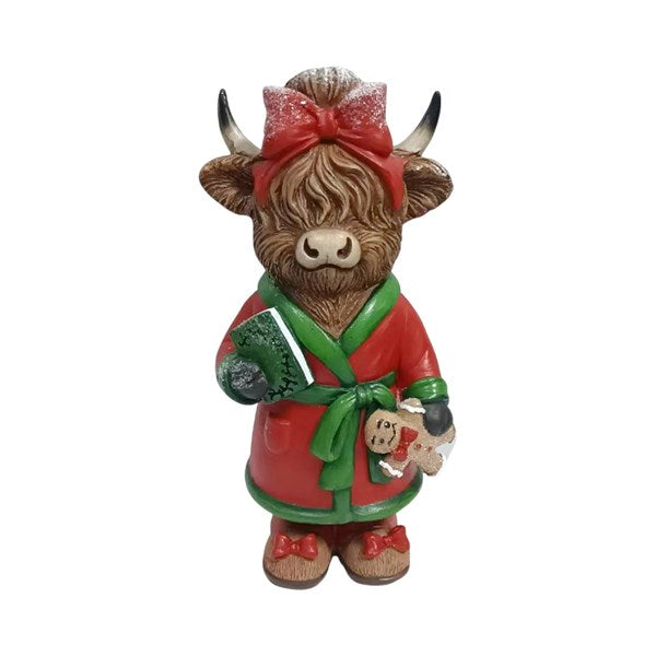 Mrs Christmas Highland cow figurine in red and green festive dressing gown