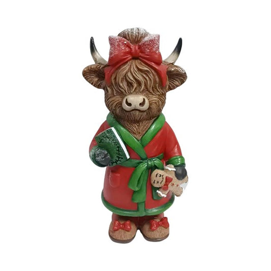 Mrs Christmas Highland cow figurine in red and green festive dressing gown