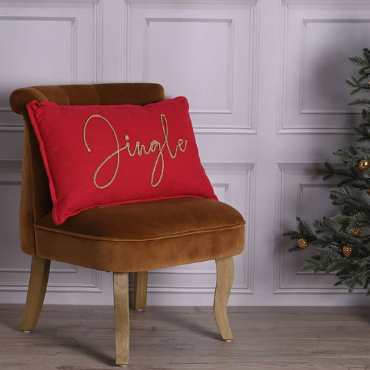 red pillow labeled 'Jingle' 