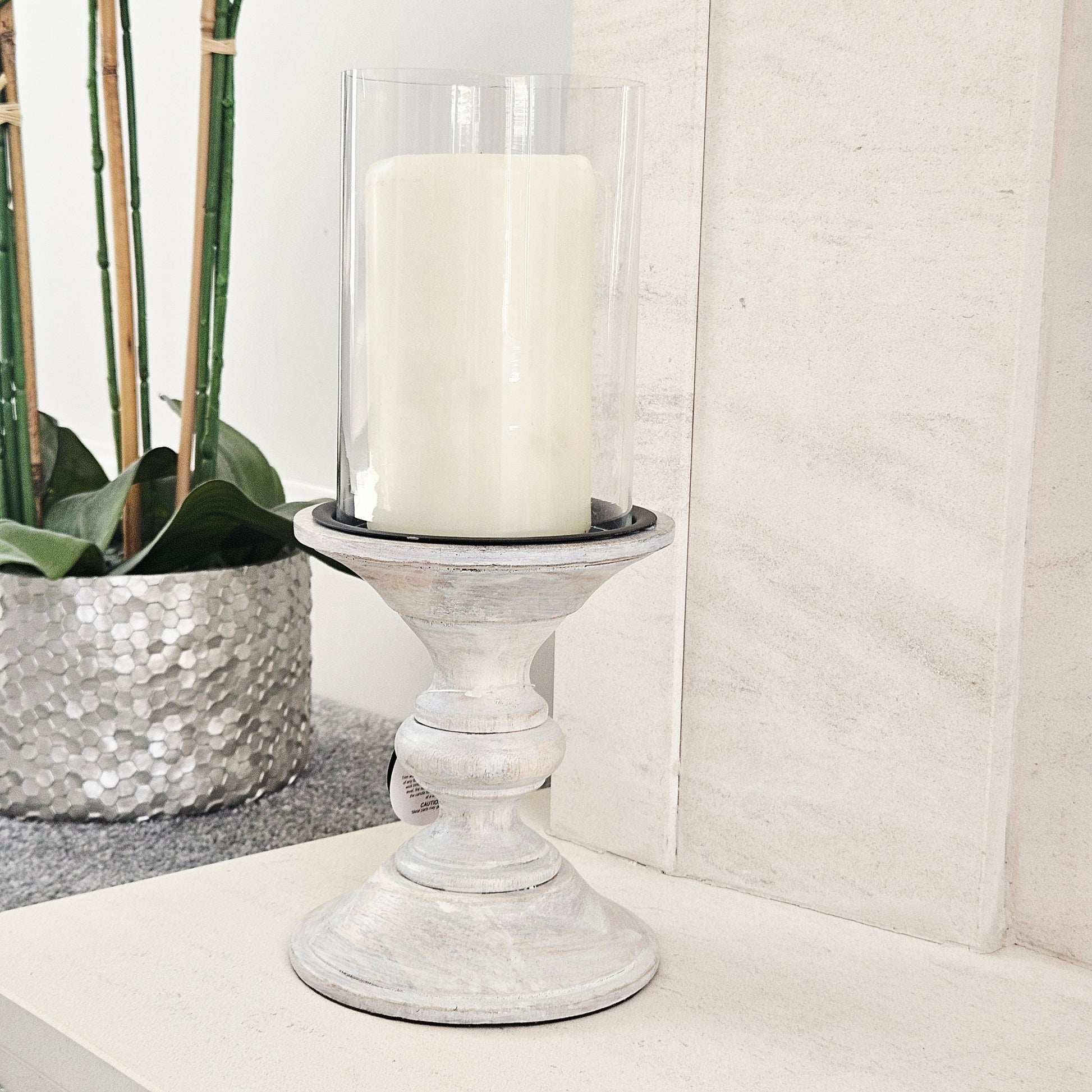 white wooden rustic candle holder with glass holder 30cm