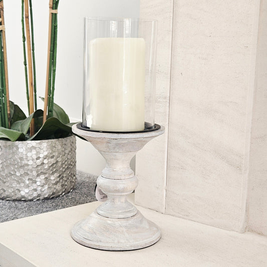 white wooden rustic candle holder with glass holder 30cm