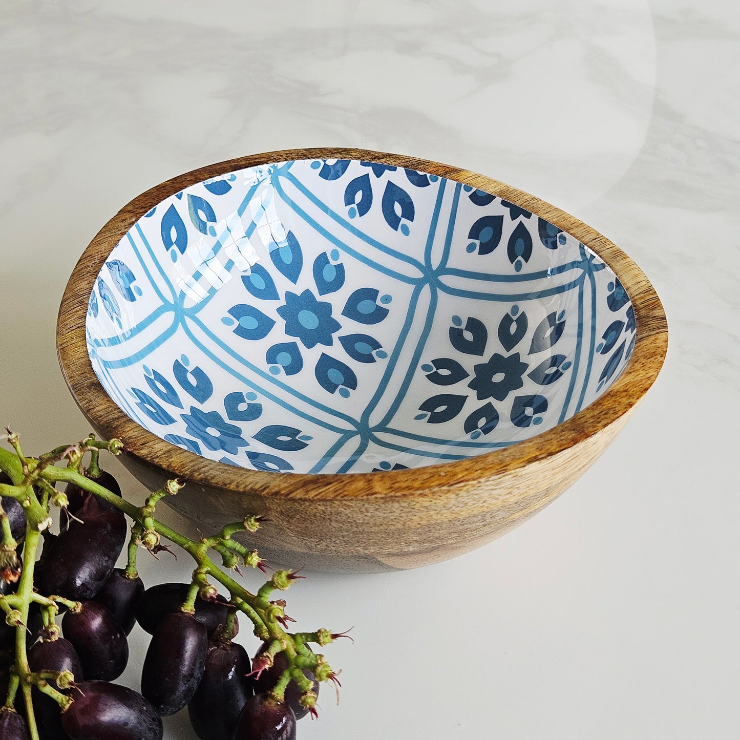 Mango Wood Blue Flowers Bowl 19.5cm