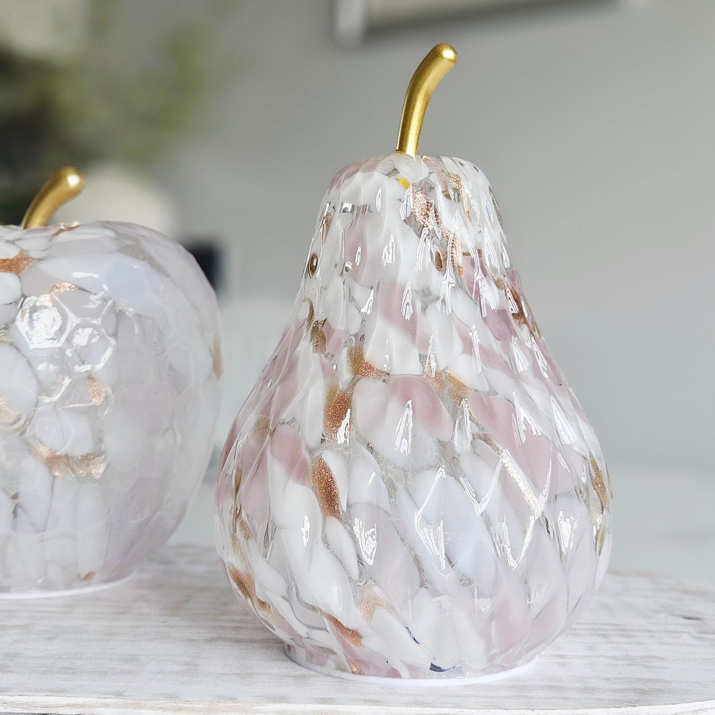 18cm LED pink spotted textured glass pear ornament with warm white lights and gold stem for elegant home décor